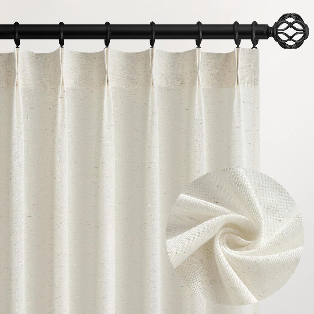 Pinch Pleated Curtains 40x90 Natural Cream Semi Sheer Linen Look 2 Panels